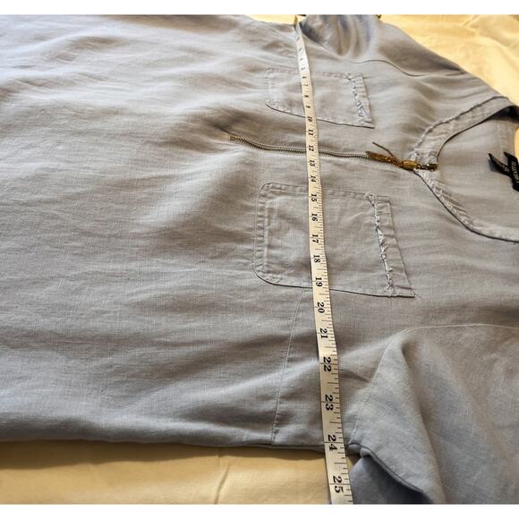 Ellen Tracy Linen Top XL Blue Zip Neck Roll Tab Sleeve 100%‎ Linen Tunic Blouse - Picture 9 of 13